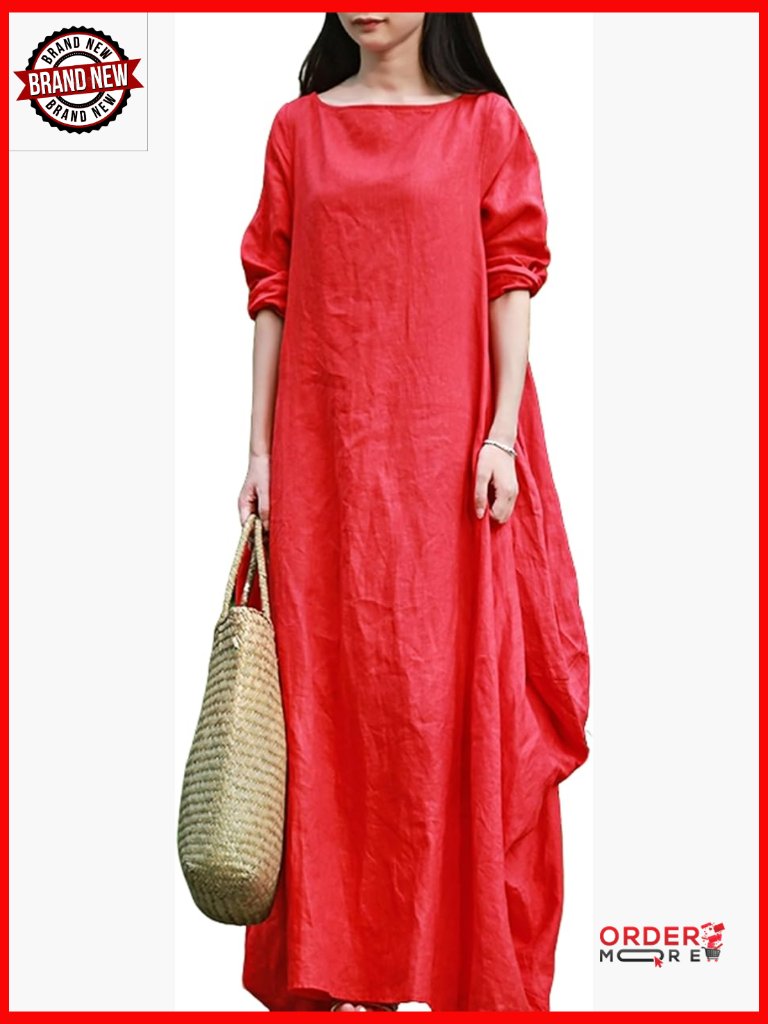 100% Linen Long Sleeve Maxi Dress With Pockets A-Line Casual Loose Fit Boat Neck